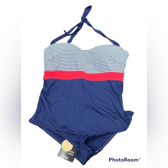 Nip Tuck Other - Navy & Red Stripe One-Piece Halter Swimsuit - Unknown Brand